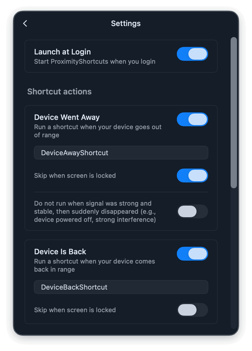 ProximityShortcuts Settings