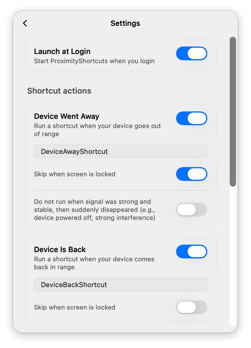 ProximityShortcuts Settings Light Mode